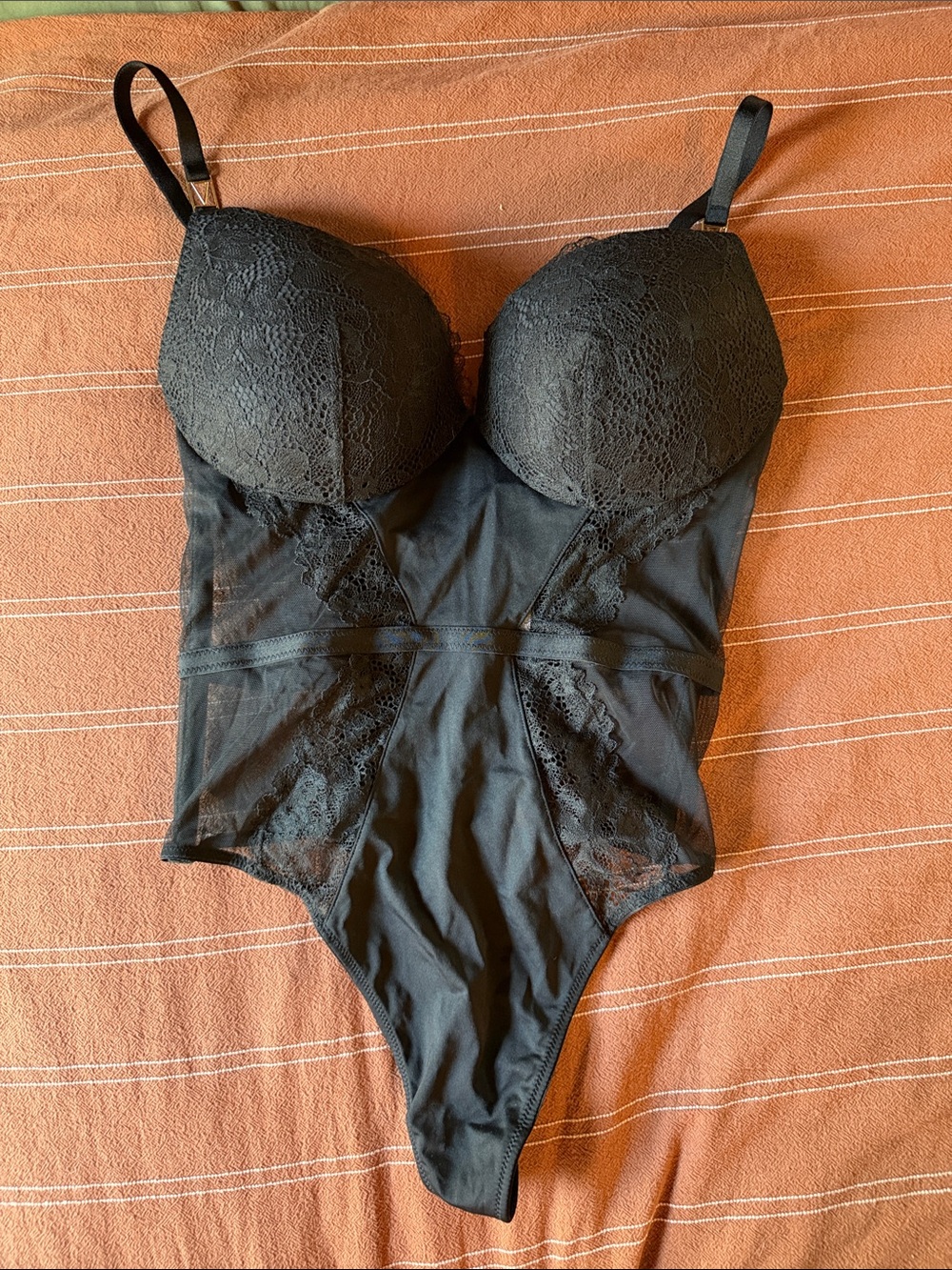 Victoria's Secret Black Lace Longline Bodysuit
